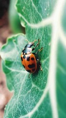 Obraz premium Close-up of a colorful ladybug on green leaf nature insect outdoor environment macro view biodiversity