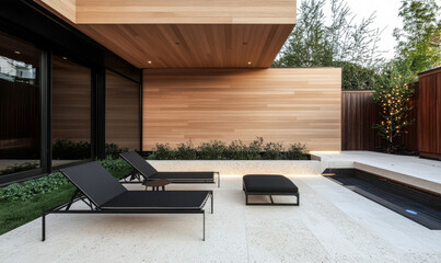 Modern outdoor patio with loungers and serene landscaping in early evening light