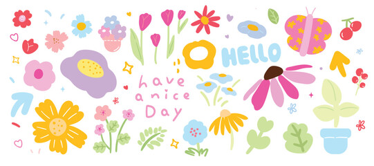 Set of cute flower spring and summer element vector. Hand drawn collection of tulip, leaves, sunflower, butterfly, arrow, heart, cherry. Design for sticker, comic, print, decoration. 