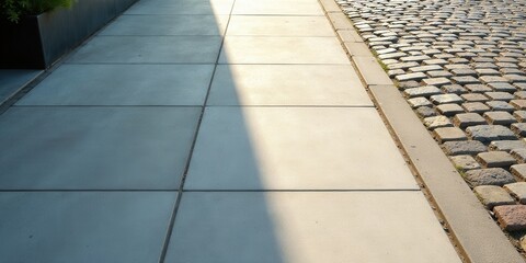 Sunlit Concrete Pavement Adjoining a Cobblestone Roadway, Separated by a Raised Curb