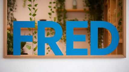 Large blue typography spelling out name Fred in plant-filled interior space