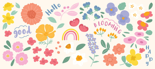 Set of cute flower spring and summer element vector. Hand drawn collection of tulip, leaves, sunflower, rainbow on white background. Design for sticker, comic, print, decoration. 