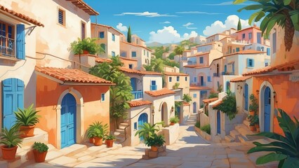 Fototapeta premium Mediterranean village landscape in digital art style