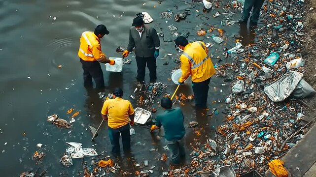 People cleaning up litter from a polluted waterway, promoting environmental awareness.