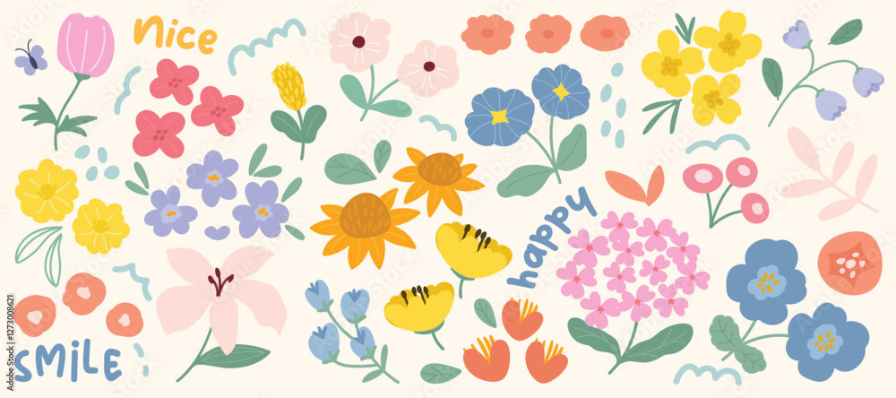 Wall mural Set of cute flower spring and summer element vector. Hand drawn collection of tulip, leaves, sunflower, butterfly on white background. Design for sticker, comic, print, decoration.