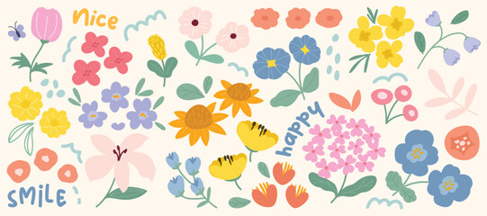 Set of cute flower spring and summer element vector. Hand drawn collection of tulip, leaves, sunflower, butterfly on white background. Design for sticker, comic, print, decoration.