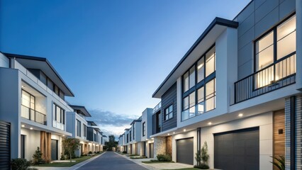 Obraz premium Modern Residential Street at Dusk Suburban Neighborhood Real Estate Photography Tranquil Environment Wide-Angle View Urban Living