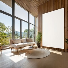 Bright living room interior with white empty poster, panoramic window