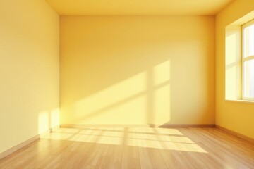 Fototapeta premium Sunlight Illuminates an Empty Room with Light Yellow Walls and Light Wood Flooring, Offering a Serene and Spacious Atmosphere
