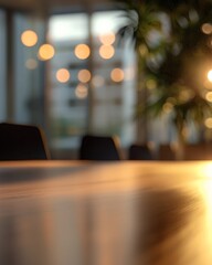 Fototapeta premium A close-up of an empty table in the foreground, with a blurry office background, blurred focus, and bokeh lights. 
