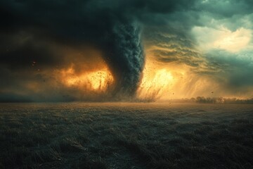 Naklejka premium Tornado swirls through a field, disaster unfolds with swirling wind and destruction, rural farm suffers severe impact.