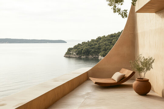 Relaxing lounge chair by the tranquil sea with scenic view of coastal landscape