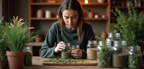 A focused young woman examining dried herbs in a cozy workspace, showcasing a passion for natural ingredients and herbal remedies.