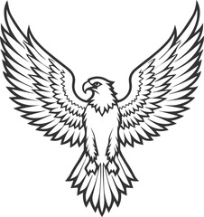 Obraz premium Icon of an angry eagle in the air with raised wings and beak, black line.