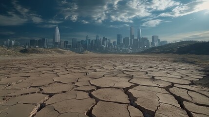 A dry, cracked landscape in the foreground with a vibrant city skyline under dramatic clouds