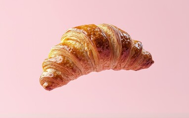 Floating chocolate croissant with flaky layers, isolated on a pastel background