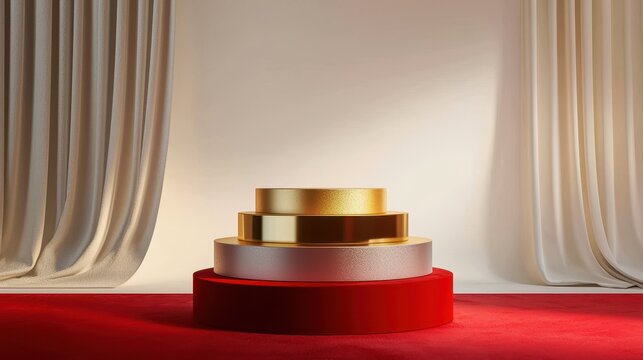 Three-tiered structure with red base and gold steps on red carpet