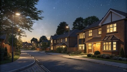 Evening Serenity Residential Neighborhood Suburban Area Digital Artwork Tranquil Atmosphere Night View Community Life