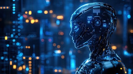 A cybernetic humanoid interacting with a futuristic glowing cityscape
