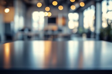 A close-up of an empty table in the foreground, with a blurry office background, blurred focus, and bokeh lights. 