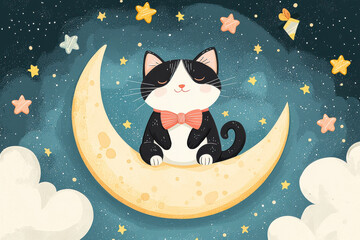 Naklejka premium Adorable cat sitting on crescent moon with stars and clouds, watercolor illustration Style.