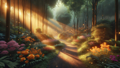 Sunlit Pathway Through A Vibrant, Flower-filled Forest.
