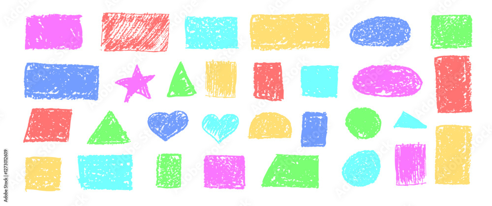 Poster set of abstract geometric basic shapes drawn with pastel colored charcoal. hand drawn paint quote fr
