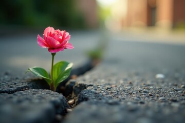 A Delicate Pink Bloom Pushing Through Asphalt Cracks, A Symbol of Resilience and Unwavering Growth