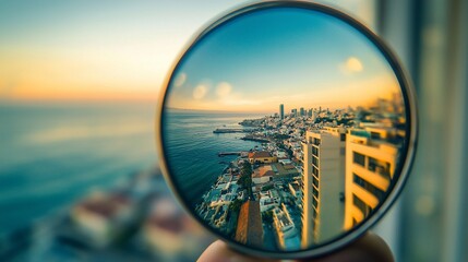 Coastal city sunset viewed through a magnifying glass.