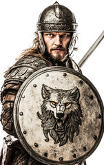 Heroic Medieval Fantasy Soldier with Ancient Shield and Battle Armor – Isolated White Background