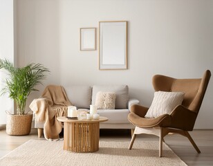 Light relaxing room interior with sofa and armchair, mockup wall