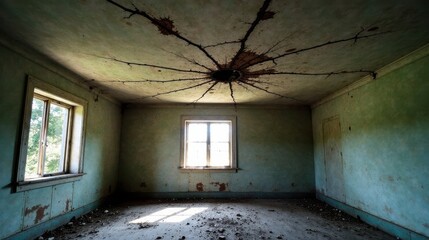 A desolate room's cracked ceiling, a sunlit window, and aged walls reveal a forgotten space