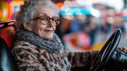 Obraz premium Elderly woman driving amusement park ride, lights blurred