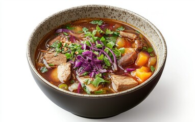Levitating bowl of Filipino sinigang sour tamarind soup, isolated on a white background