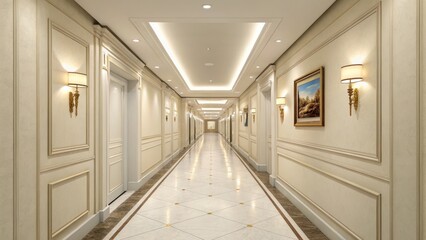 Elegant Hotel Corridor Design Luxurious Venue Interior Photography Modern Aesthetics Wide Angle Sophisticated Atmosphere