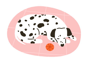Dog sleeping on mat. Cute Dalmatian puppy curled up, resting at cozy home. Doggy lying, napping, relaxing. Calm canine animal pet asleep. Flat vector illustration isolated on white background