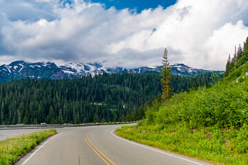 Road leads to Diablo lake with mountain landscape. Landscape of mountain and road. Travel...