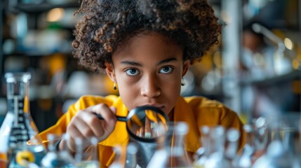 Student using a magnifying glass to explore a science experiment, hands-on learning, curious and engaged, lab equipment in the background