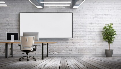 White brick open space office with poster