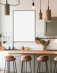 Light kitchen interior with bar seats and countertop. Mockup frame