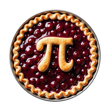 Pi Day cherry pie with a crusty Pi shaped cookie on top, isolated on white or transparent background. March 14 Pi Day celebration theme