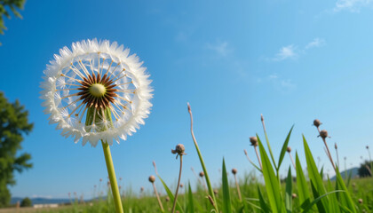 Delicate dandelion seed head glowing against blue sky, nature's beauty