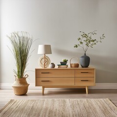 Light relax room interior with sideboard and decoration, mockup wall