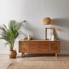 Light relax room interior with sideboard and decoration, mockup wall