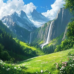 stunning waterfall flowing through verdant landscape image