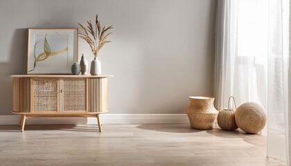 Light relax room interior with sideboard and decoration, mockup wall