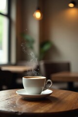 Aromatic Steam Rising From a Warm Cup of Coffee on Wooden Table in a Cozy Cafe