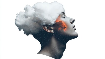Serene Storm A Woman's Face Transformed by Clouds and Inner Fire