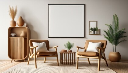 Lounge room interior with chairs and decoration, shelf and mockup frame
