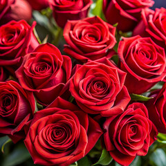 A close-up of vibrant red roses in full bloom.
